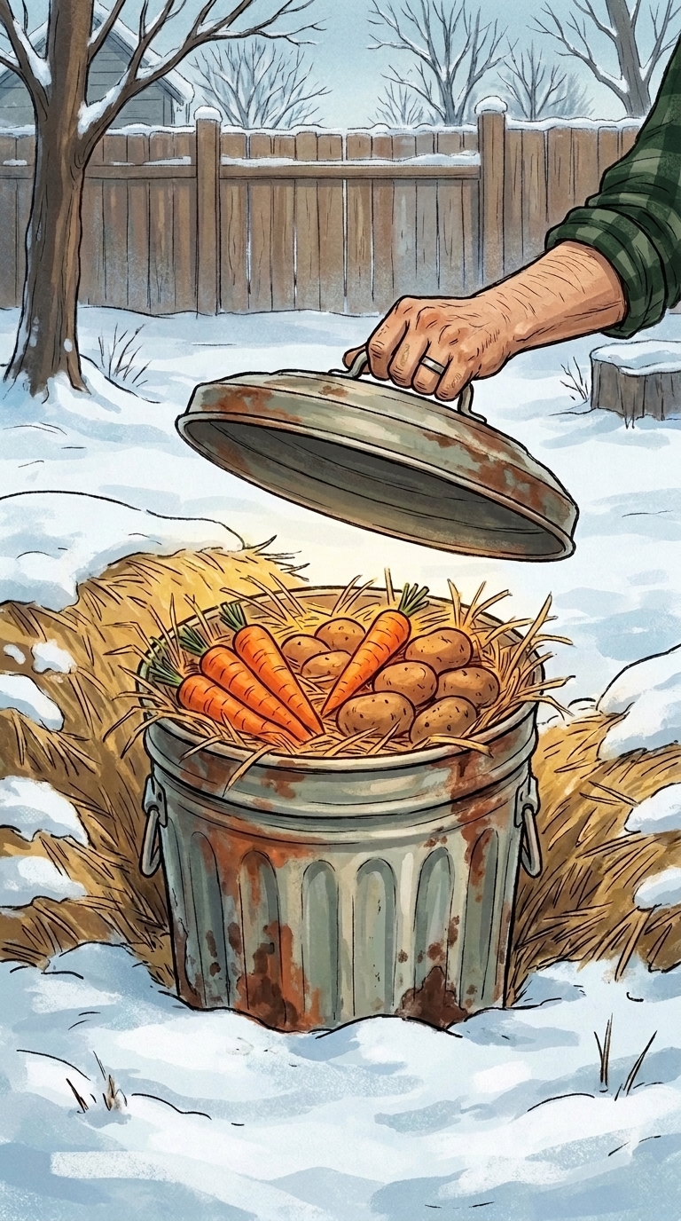 The same backyard in winter, the lid lifted and carrots inside