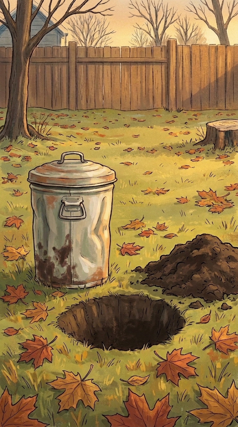 Autumn backyard with the can beside a freshly dug hole