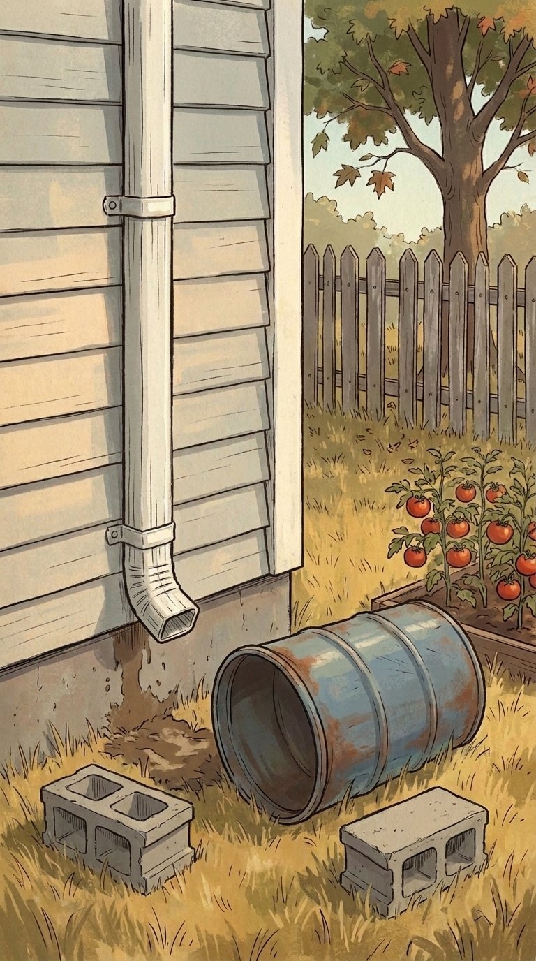 A downspout running straight to the ground and washing a hollow by the foundation