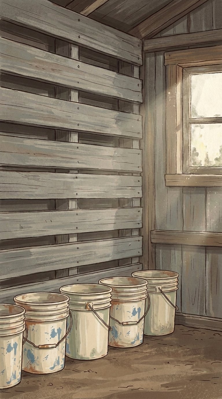 Empty coop wall with five old buckets standing on the floor