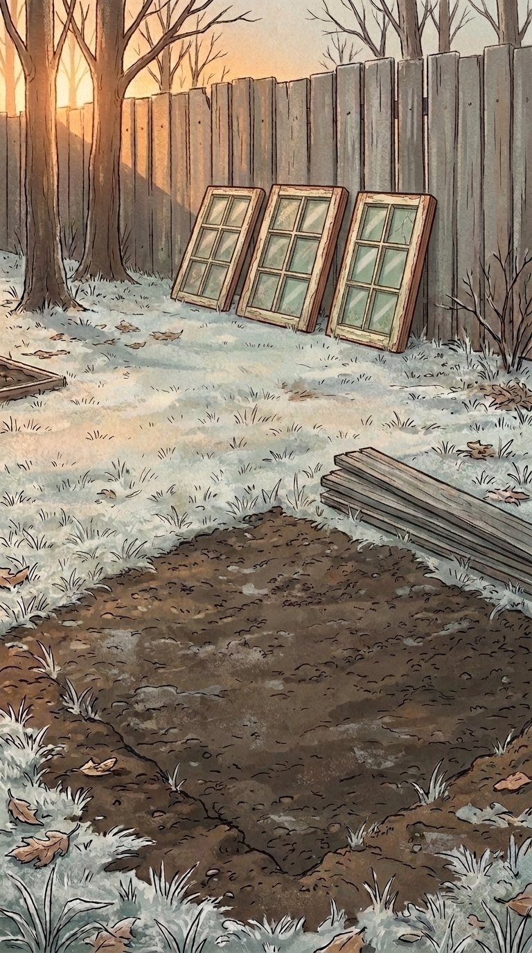 Three old window sashes leaning against a fence beside a stack of boards