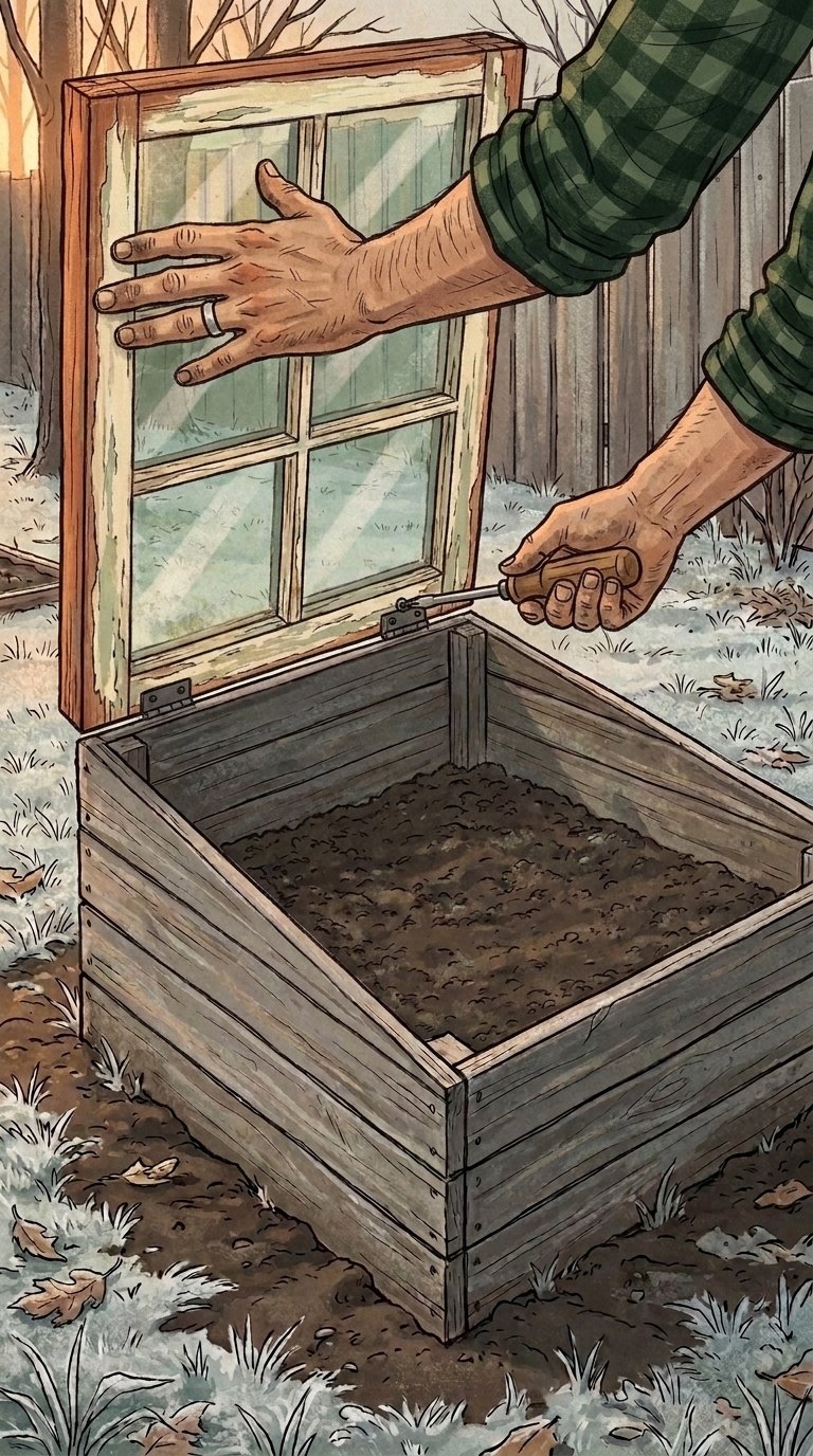 Hands screwing a hinge that joins the window sash to the box