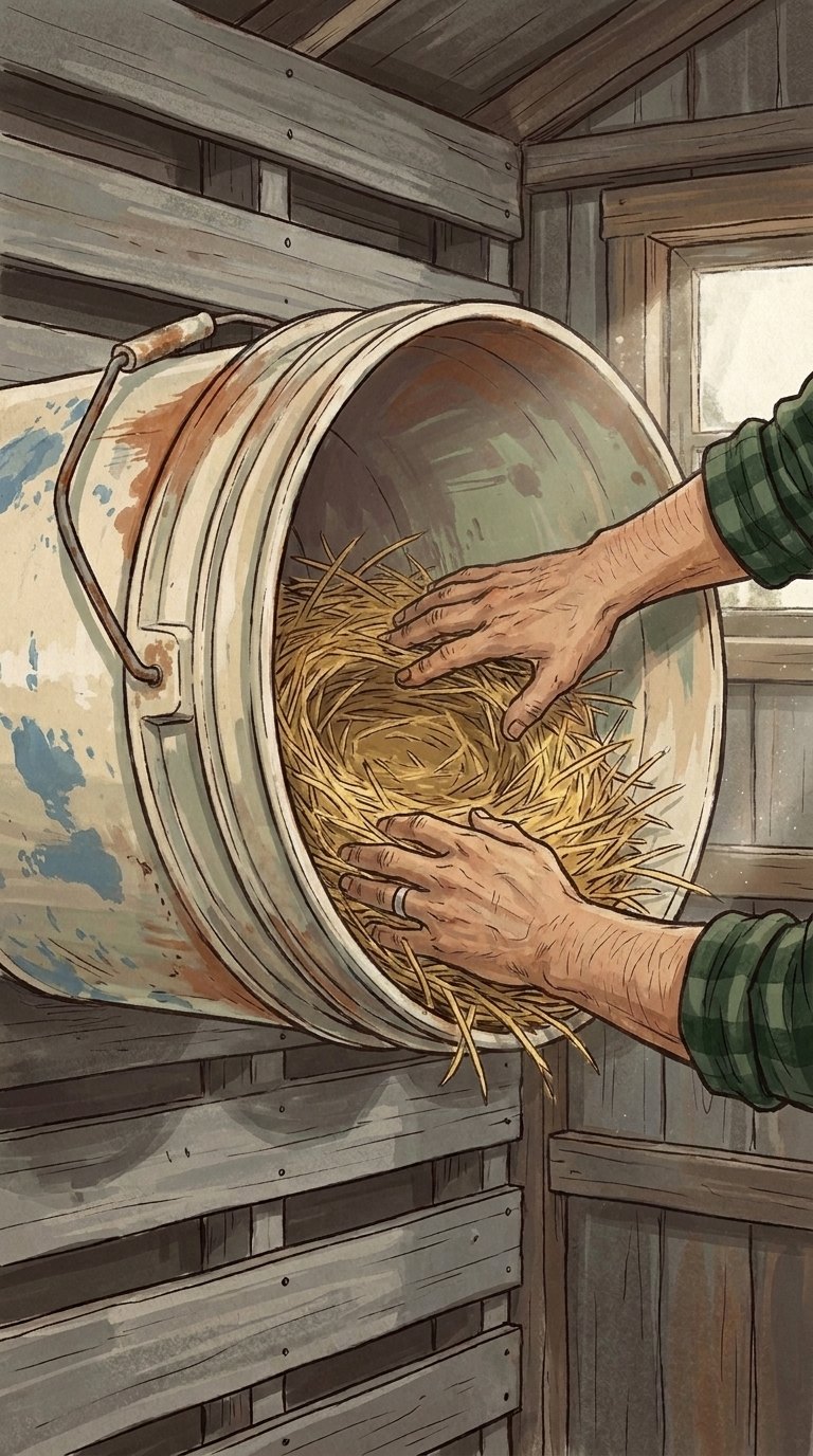Hands packing straw into a bucket mounted on its side
