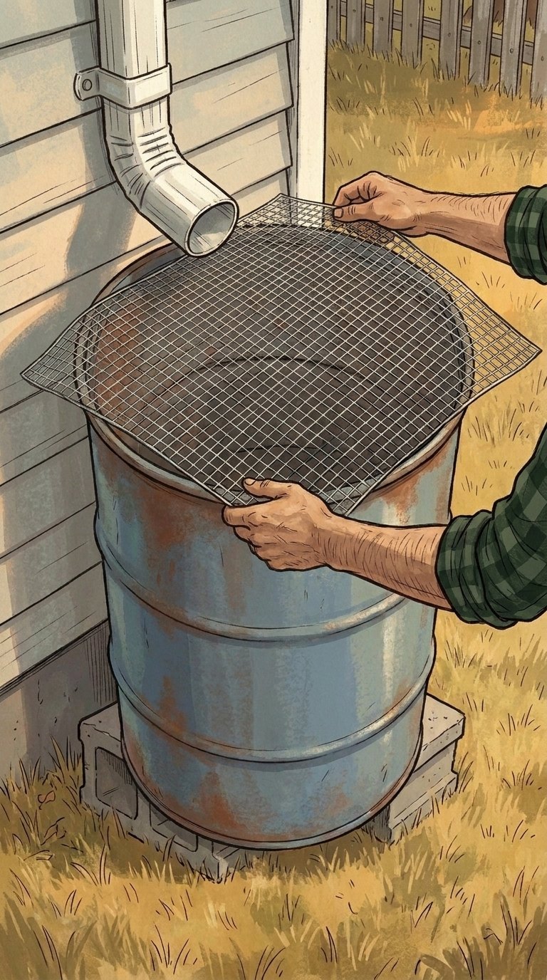 Hands stretching mesh screen over the open top of the barrel